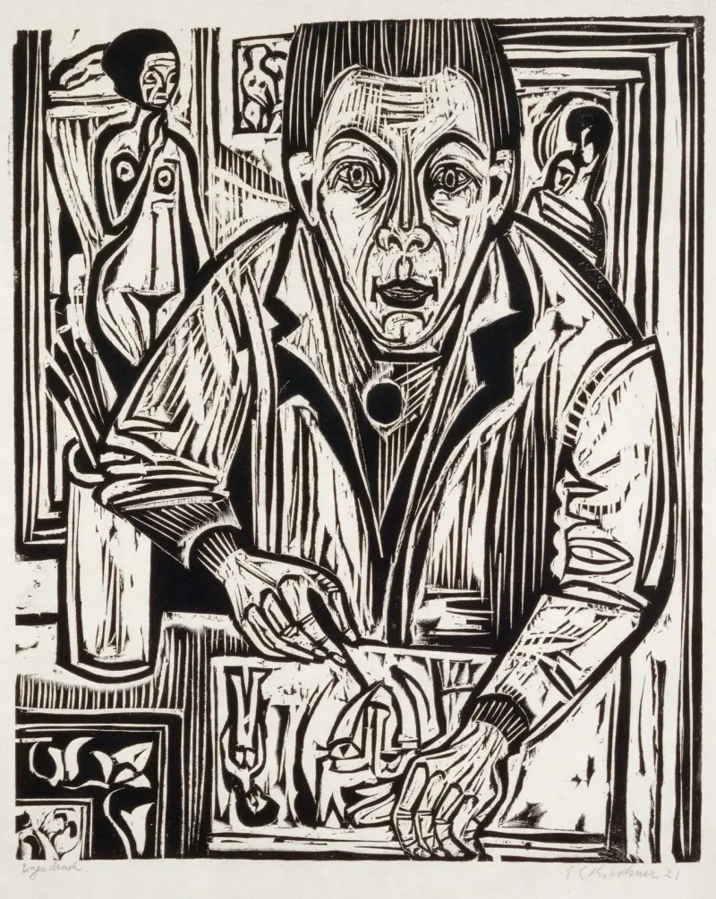 Självporträtt, träsnitt av Ernst Ludwig Kirchner