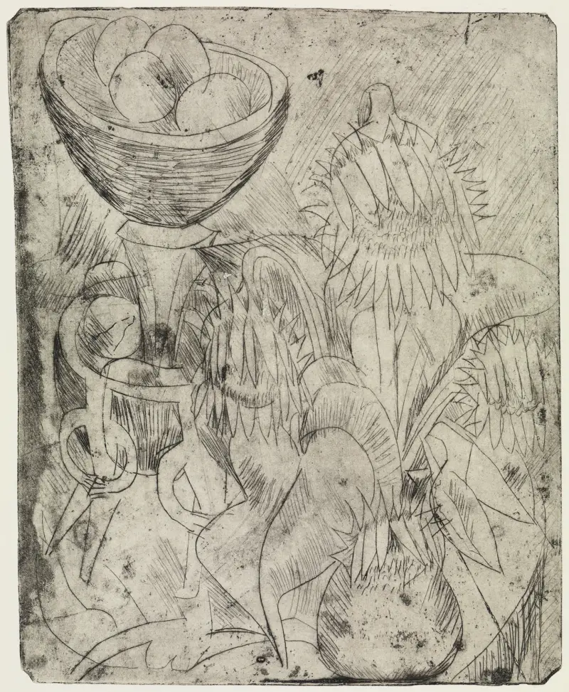 Stilleben med solrosor och fruktskål av Ernst Ludwig Kirchner