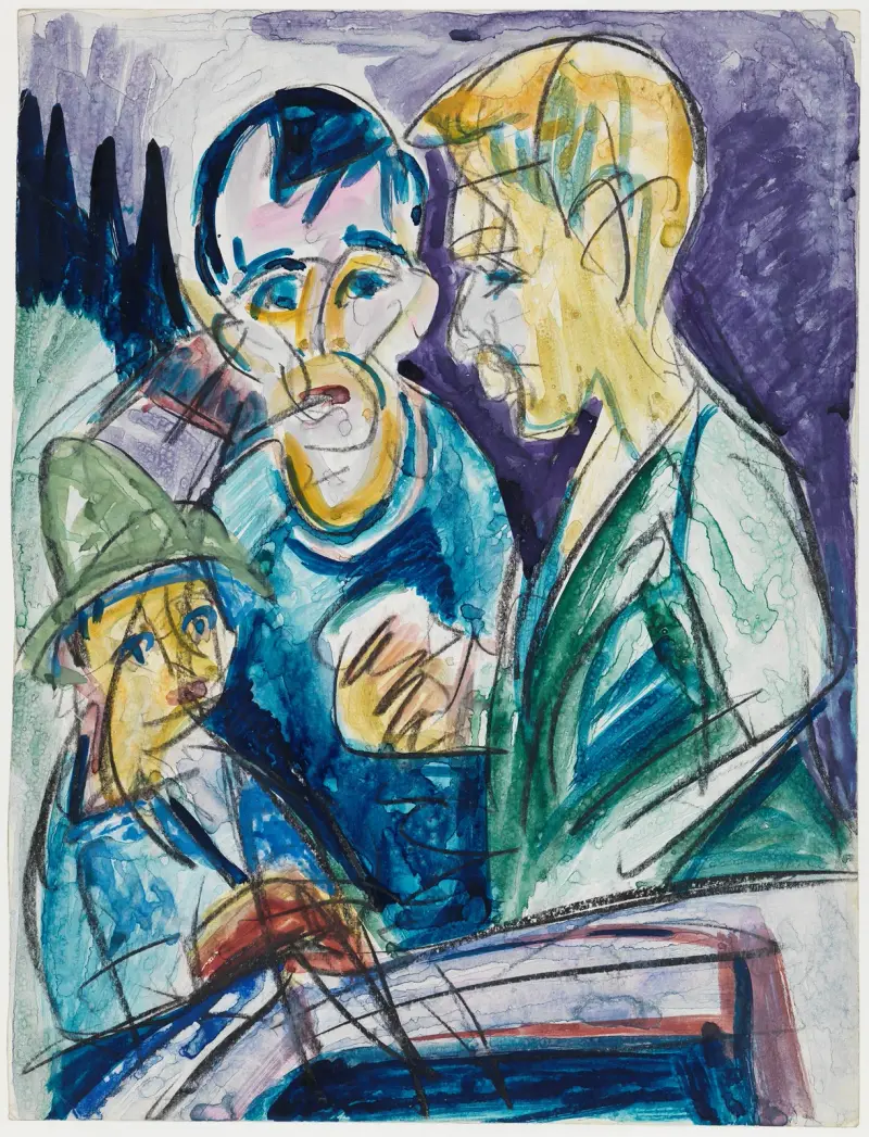 Zwei Bauern und Junge am Brunnen av Ernst Ludwig Kirchner