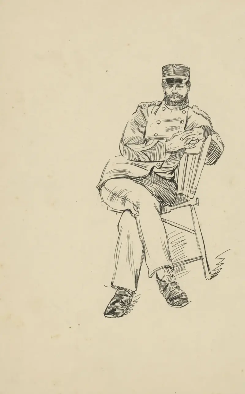 Militair zittend op een stoel, 1898 – nr 1 av Hendrik Maarten Krabbé