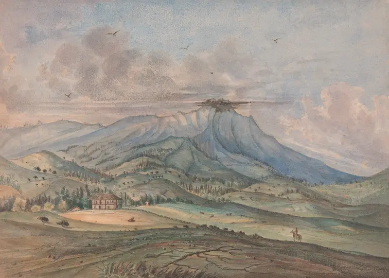Foten av Tamel Pais (eller Table Mountain) med änkan Reeds ranch nära San Francisco Bay, Kalifornien av James Madison Alden