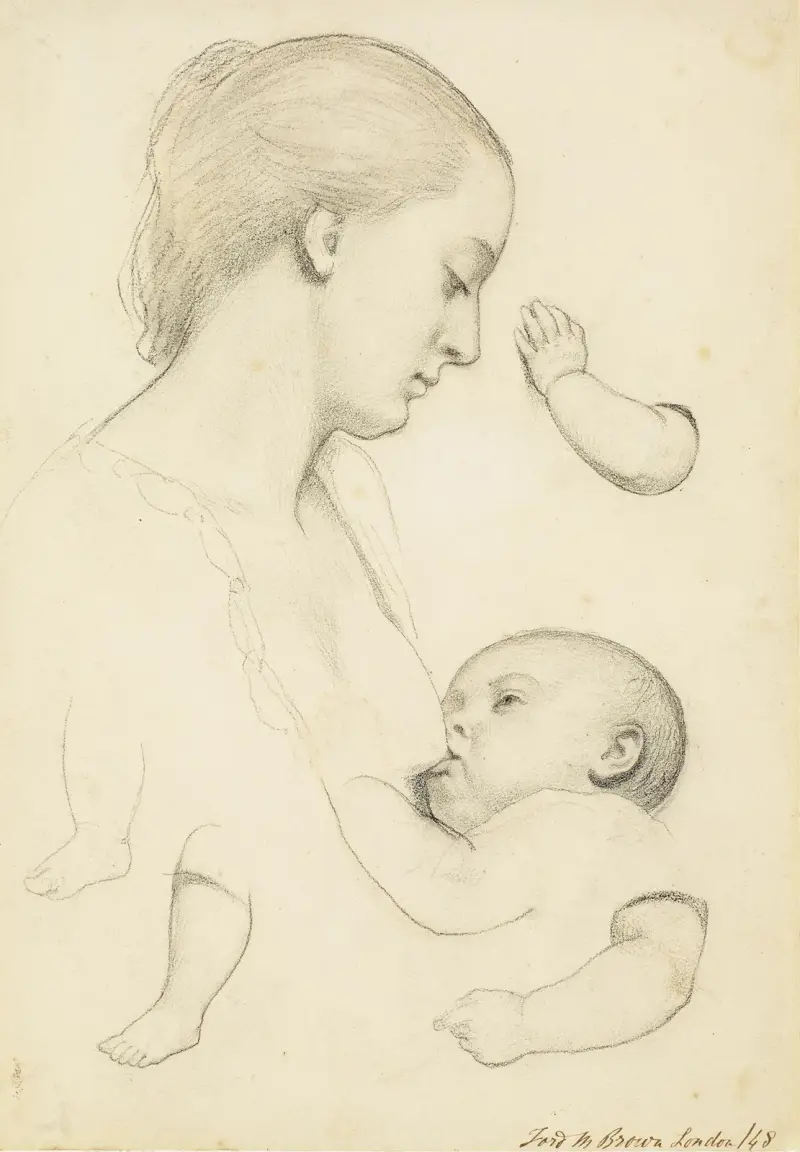 Das Mahl des Säuglings – Studie einer Mutter mit Kind mit separaten Arm- und Beinstudien des Kindes von Ford Madox Brown