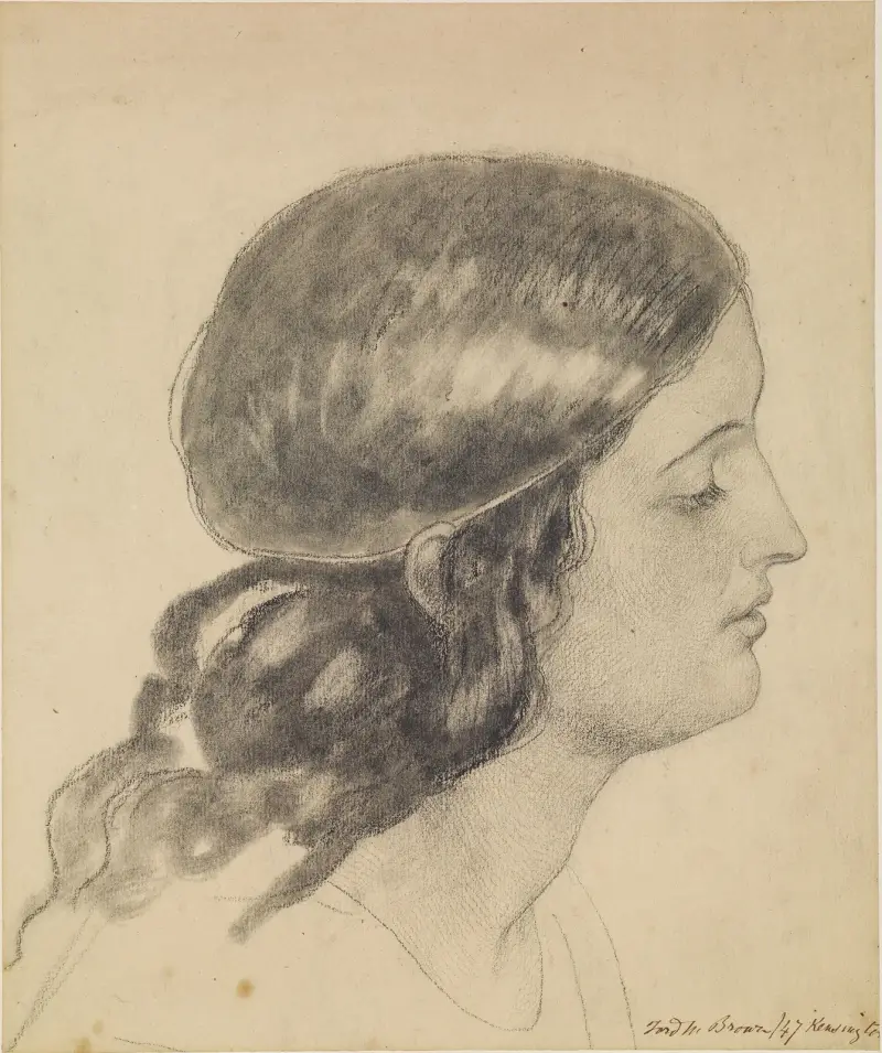Oure Ladye of Saturday Night – Studie eines Engelskopfs, der eine Wasserschale hält von Ford Madox Brown
