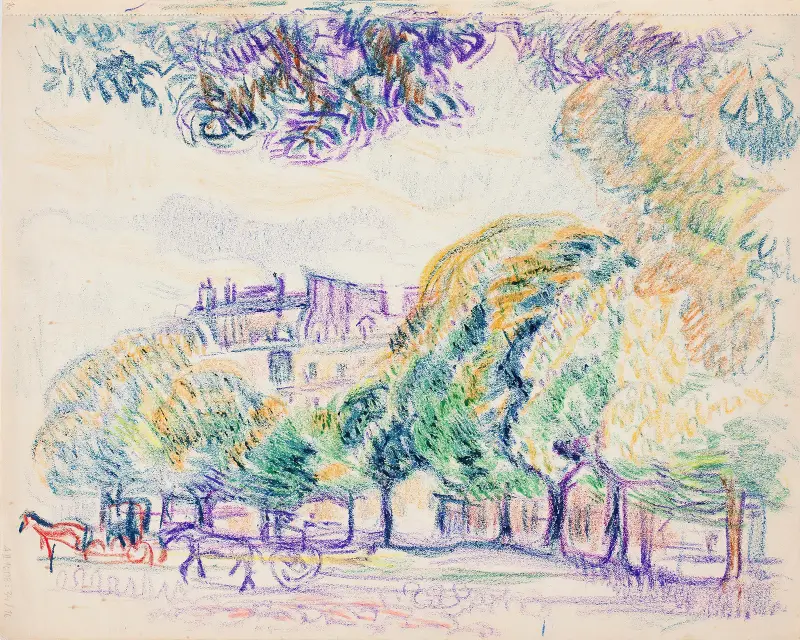 Stadsvy, park, droskor av Magnus Enckell