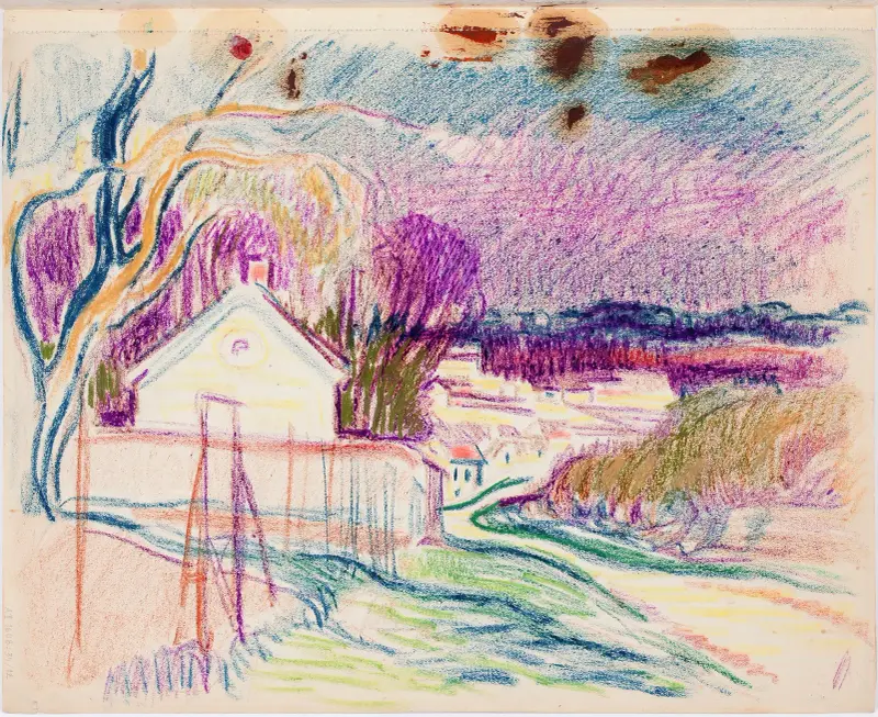 Maisema, tie, taloja av Magnus Enckell