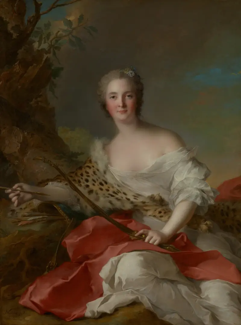 Porträtt av Constance-Gabrielle-Magdeleine Bonnier de la Mosson som Diana av Jean-Marc Nattier