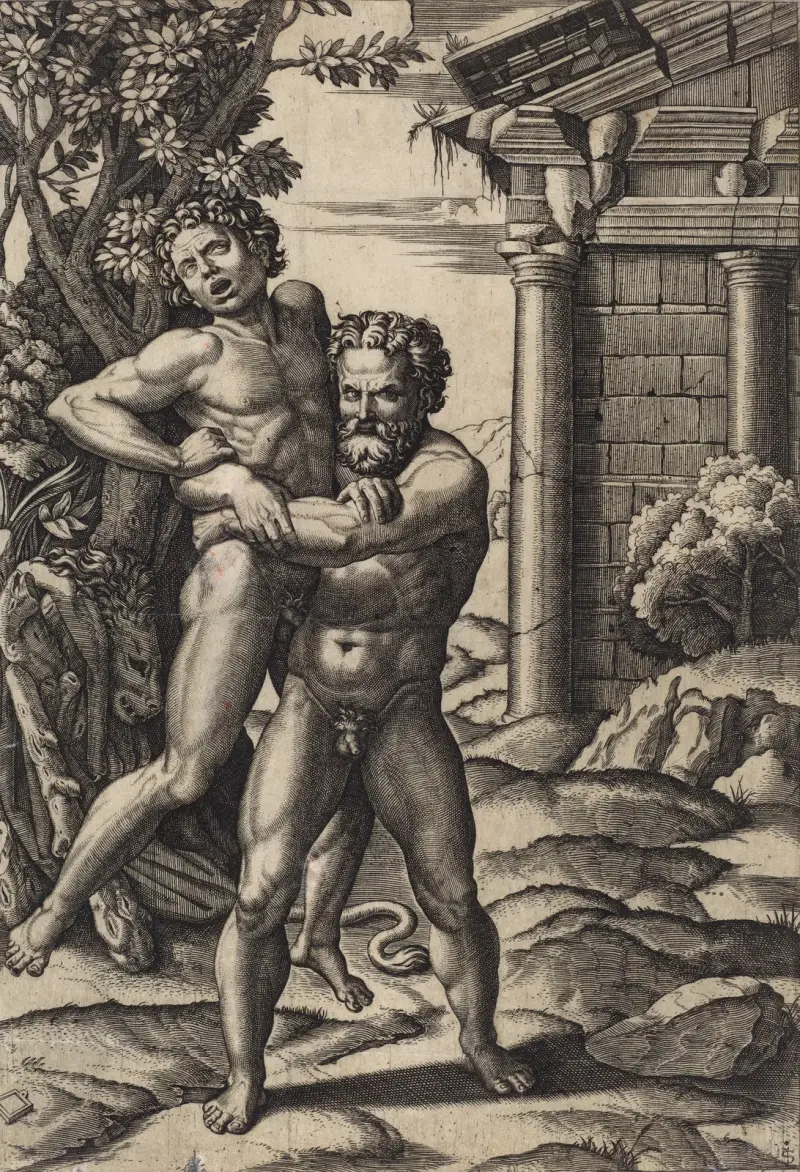 Herkules och Antaios av Marcantonio Raimondi