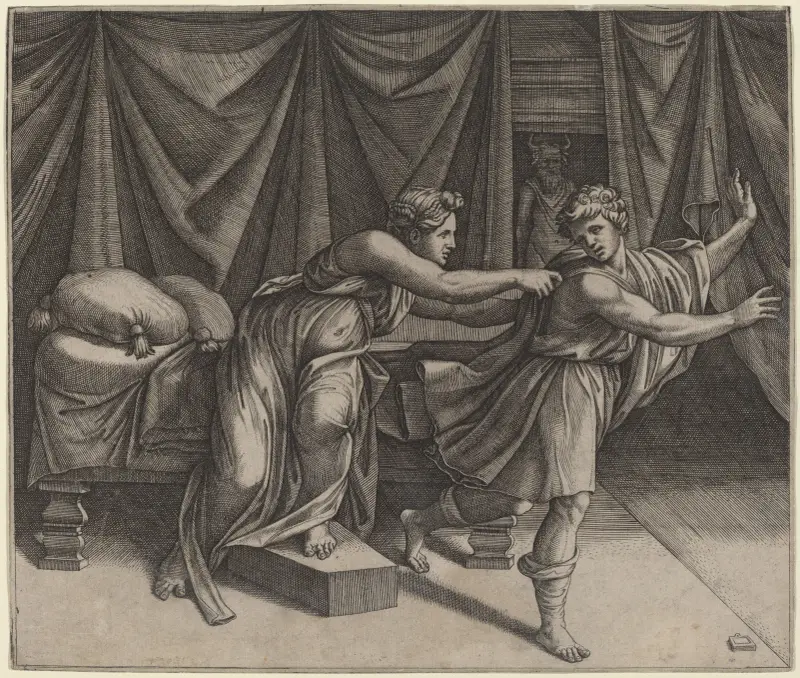 Josef och Potifars hustru av Marcantonio Raimondi