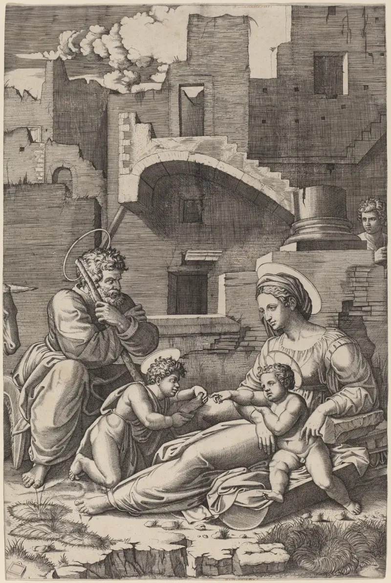 Den heliga familjen av Marcantonio Raimondi