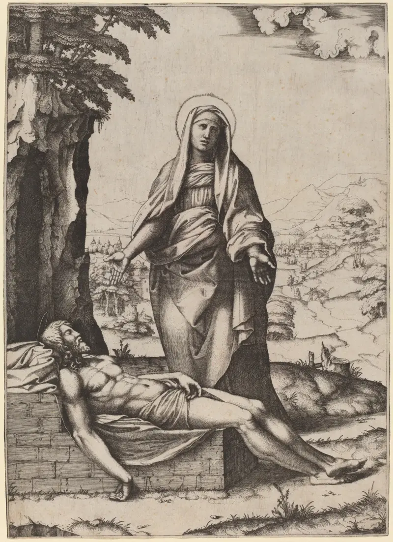 Jungfruns klagan, 1510 – nr 1 av Marcantonio Raimondi