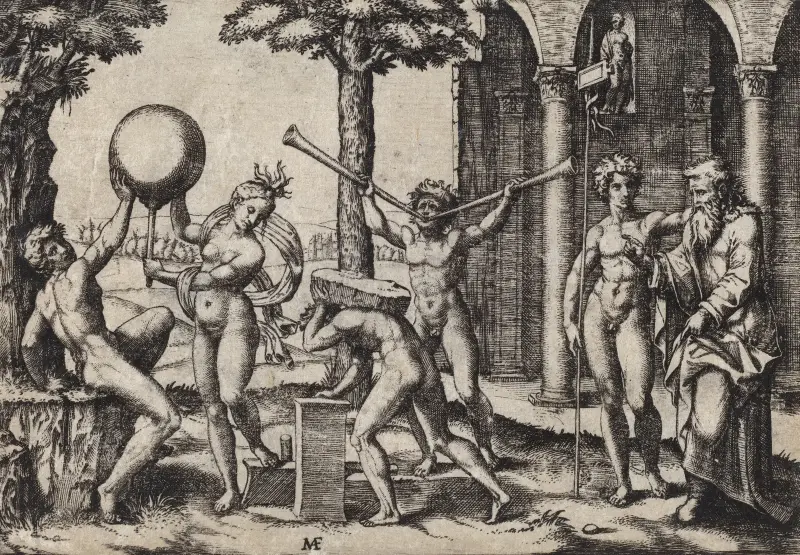 The Man with Two Trumpets, NGA 10133 av Marcantonio Raimondi