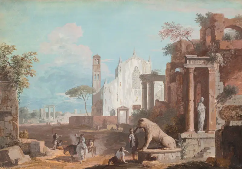 Ett capriccio med en gotisk kyrka och antika ruiner av Marco Ricci