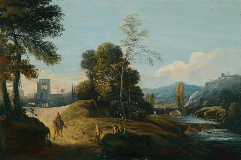 Flodlandskap med figurer på en stig, en stad i bakgrunden av Marco Ricci