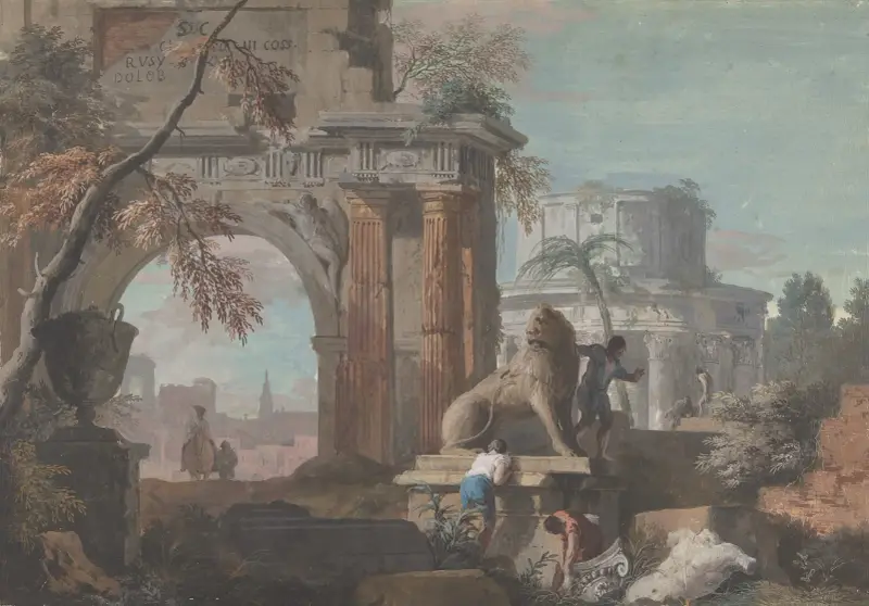 Capriccio med romerska ruiner av Marco Ricci