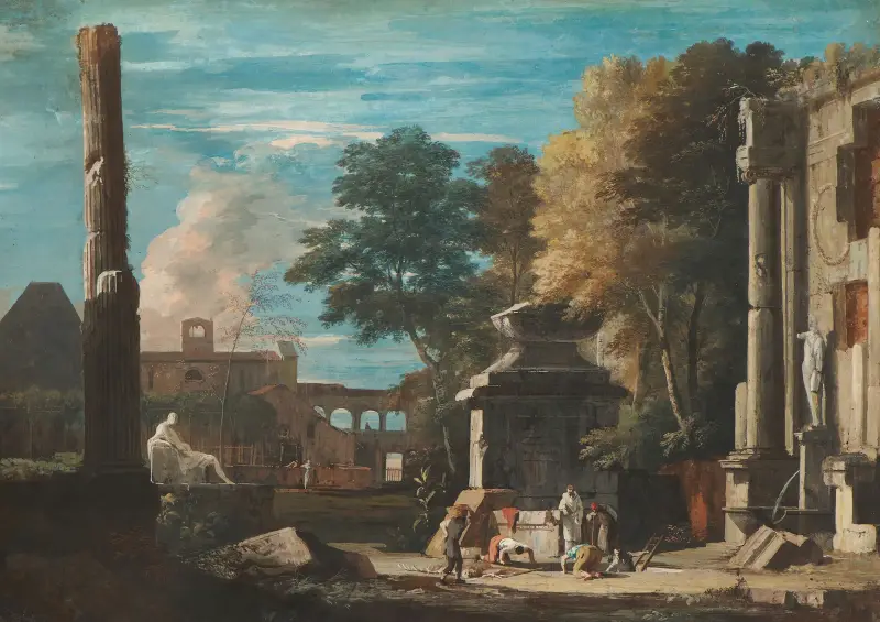 Venetianskt capriccio med en kropp som grävs upp och en franciskanermunk närvarande, 1700 – nr 1 av Marco Ricci