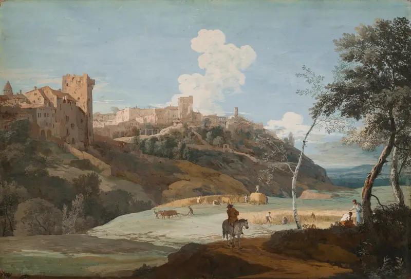 Vy över en italiensk bergsstad med ryttare och arbetande bönder av Marco Ricci