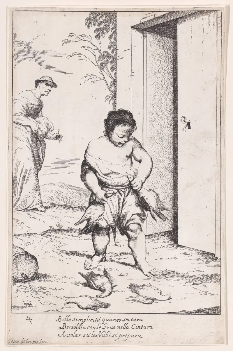 Plansch 10; Bertoldino fäster gäss vid sitt bälte av Giuseppe Maria Crespi
