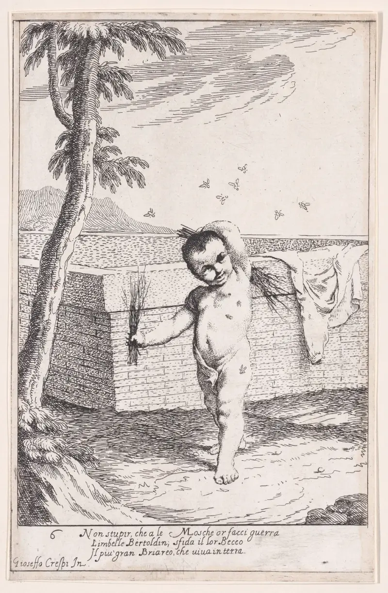 Plansch 12; Bertoldino piskar sig själv för att döda flugor av Giuseppe Maria Crespi