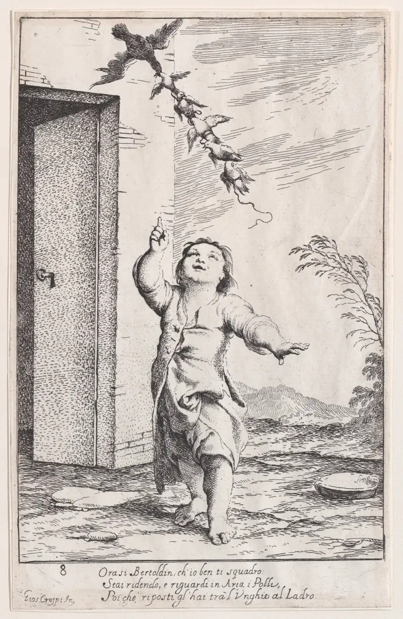 Plansch 13; Bertoldino med fåglar bortförda av en glada av Giuseppe Maria Crespi