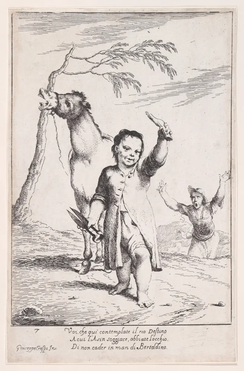 Plansch 14; Bertoldino skär av öronen på en trädgårdsmästares åsna av Giuseppe Maria Crespi