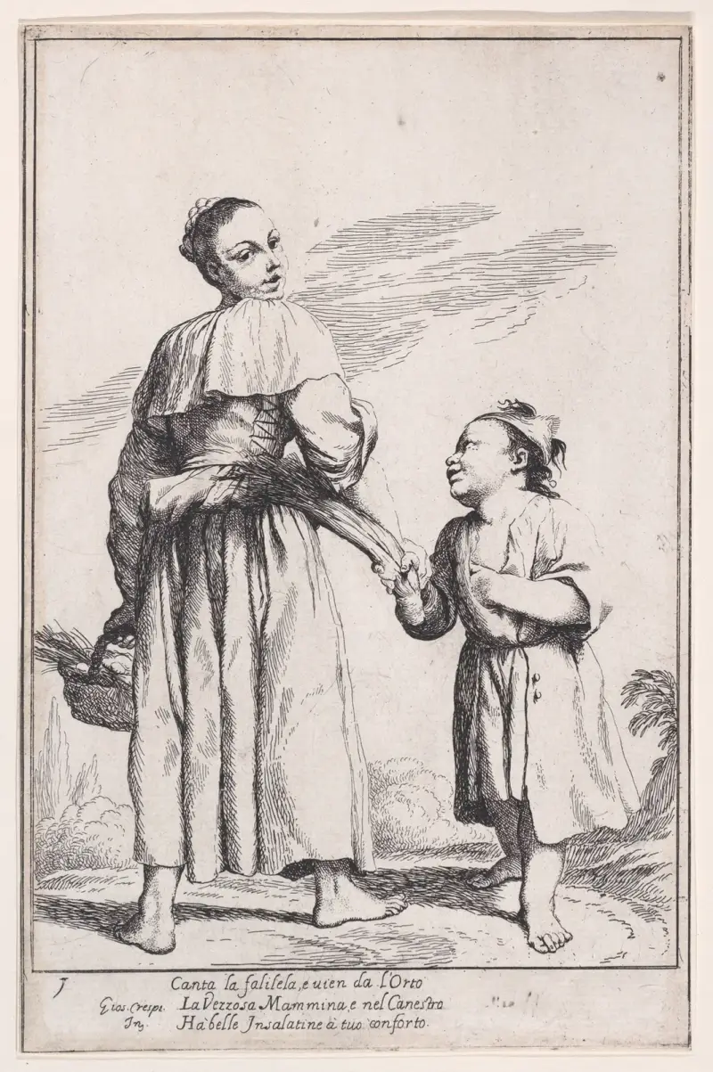 Plansch 15; Menghina lämnar trädgården med en korg fylld av örter och möter Cacasenno av Giuseppe Maria Crespi