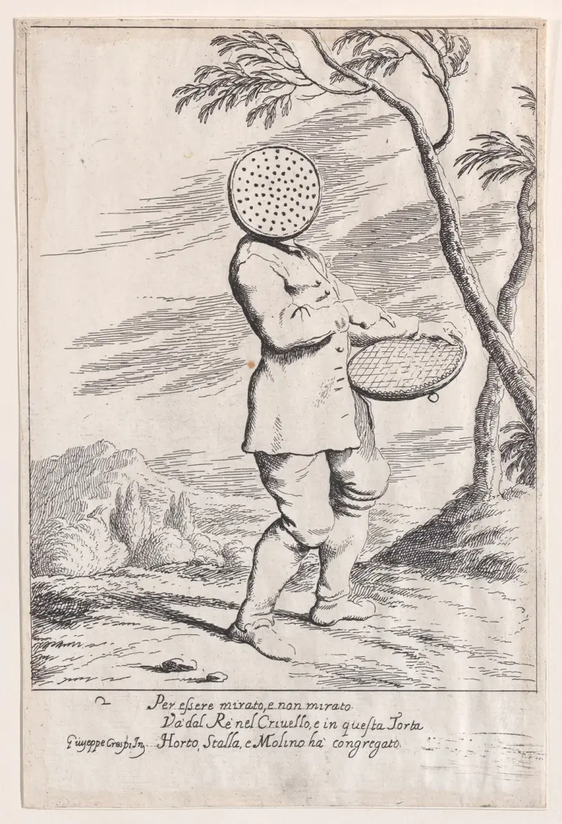 Plansch 2; Bertoldo håller en tårta i handen och bär ett durkslag på huvudet av Giuseppe Maria Crespi