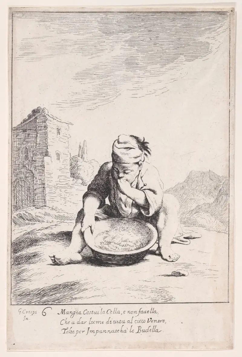 Plansch 20; Cacasenno äter en tallrik pasta av Giuseppe Maria Crespi