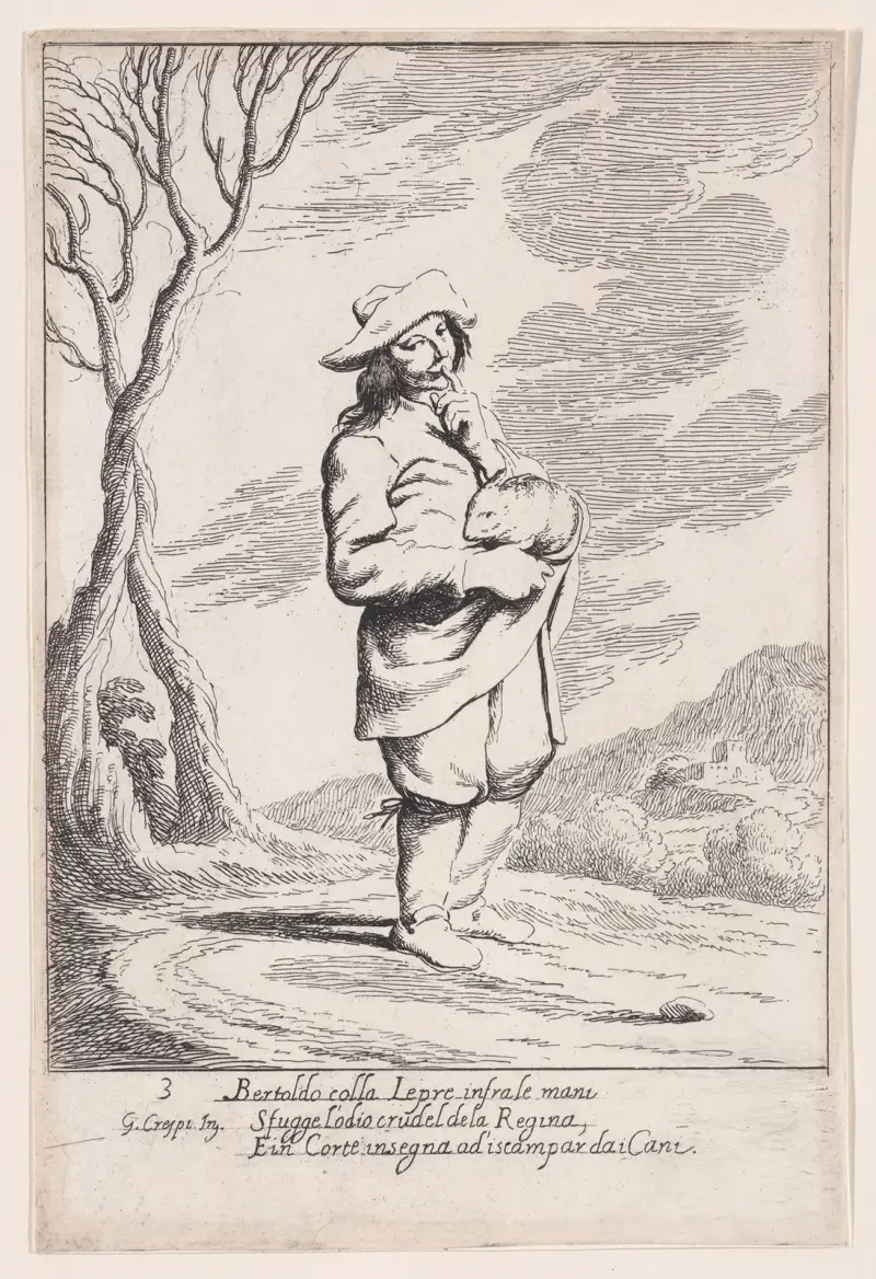 Plansch 3; Bertoldo håller en hare i handen av Giuseppe Maria Crespi