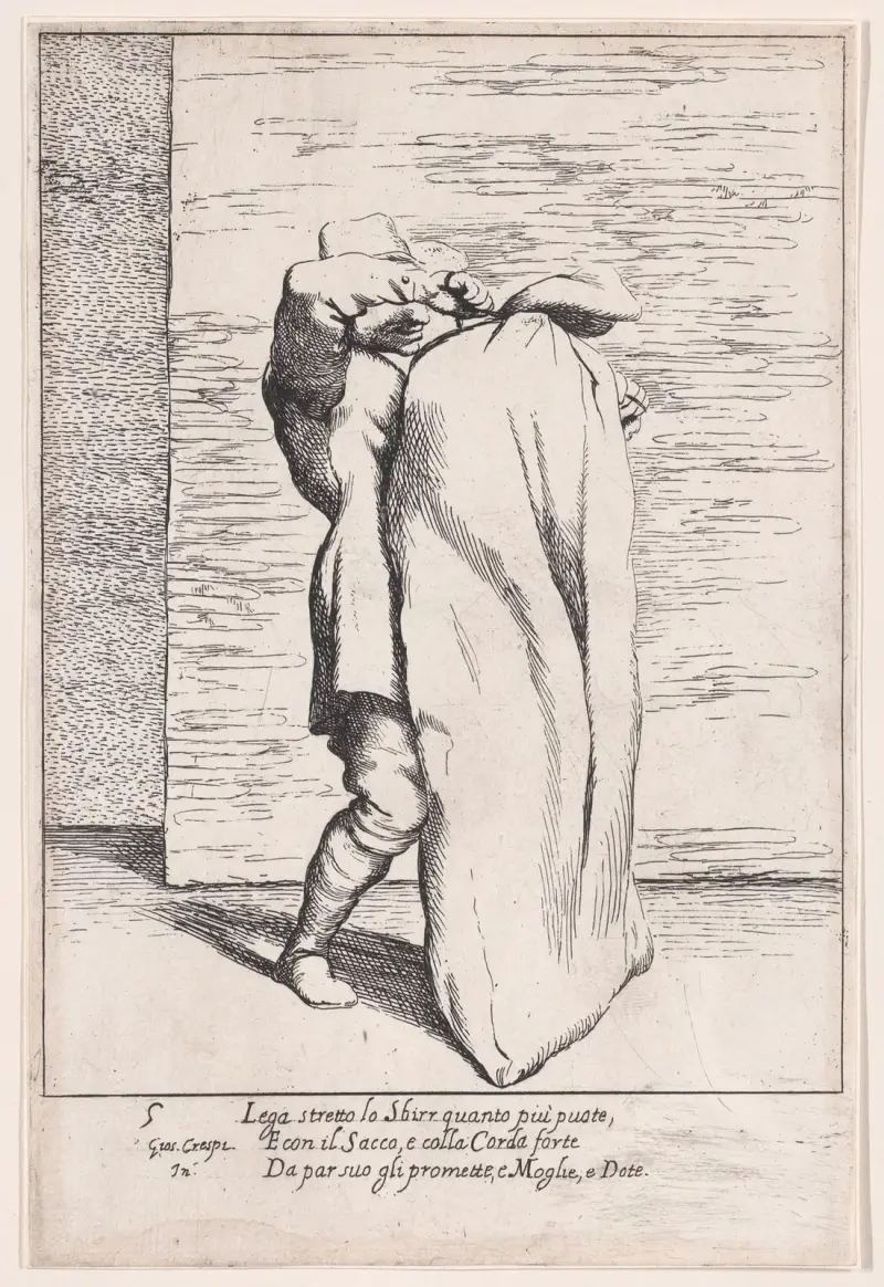 Blad 5: Bertoldo stoppar fångvaktaren i säcken av Giuseppe Maria Crespi