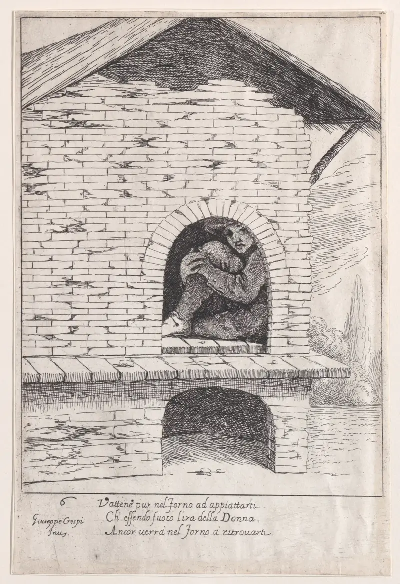 Blad 6; Bertoldo gömd i en ugn av Giuseppe Maria Crespi