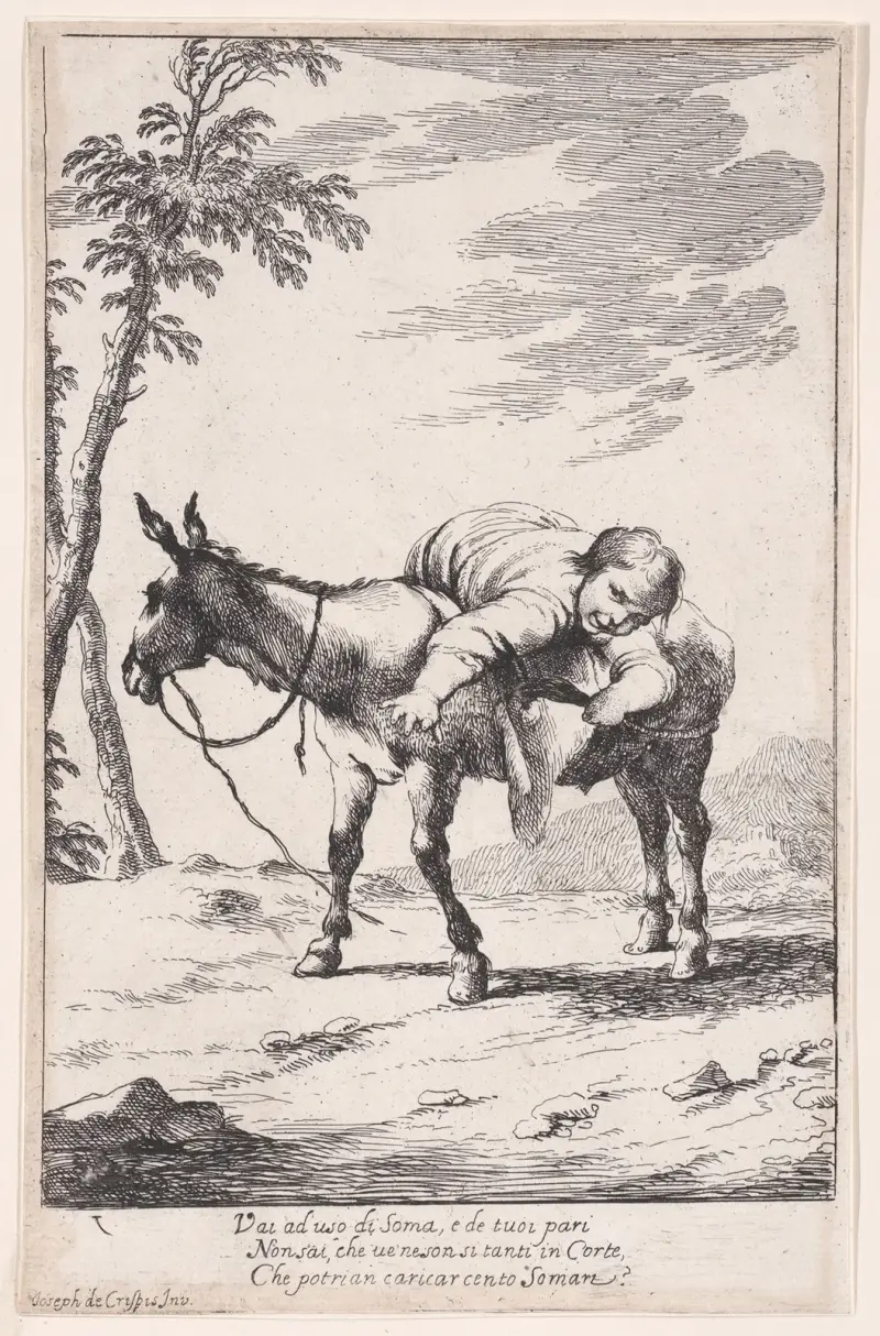 Plate 7; Bertoldino lying on a donkey av Giuseppe Maria Crespi