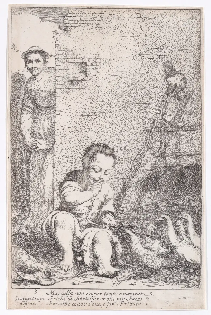 Plate 9; Marcolfa finds Bertoldino hatching eggs av Giuseppe Maria Crespi