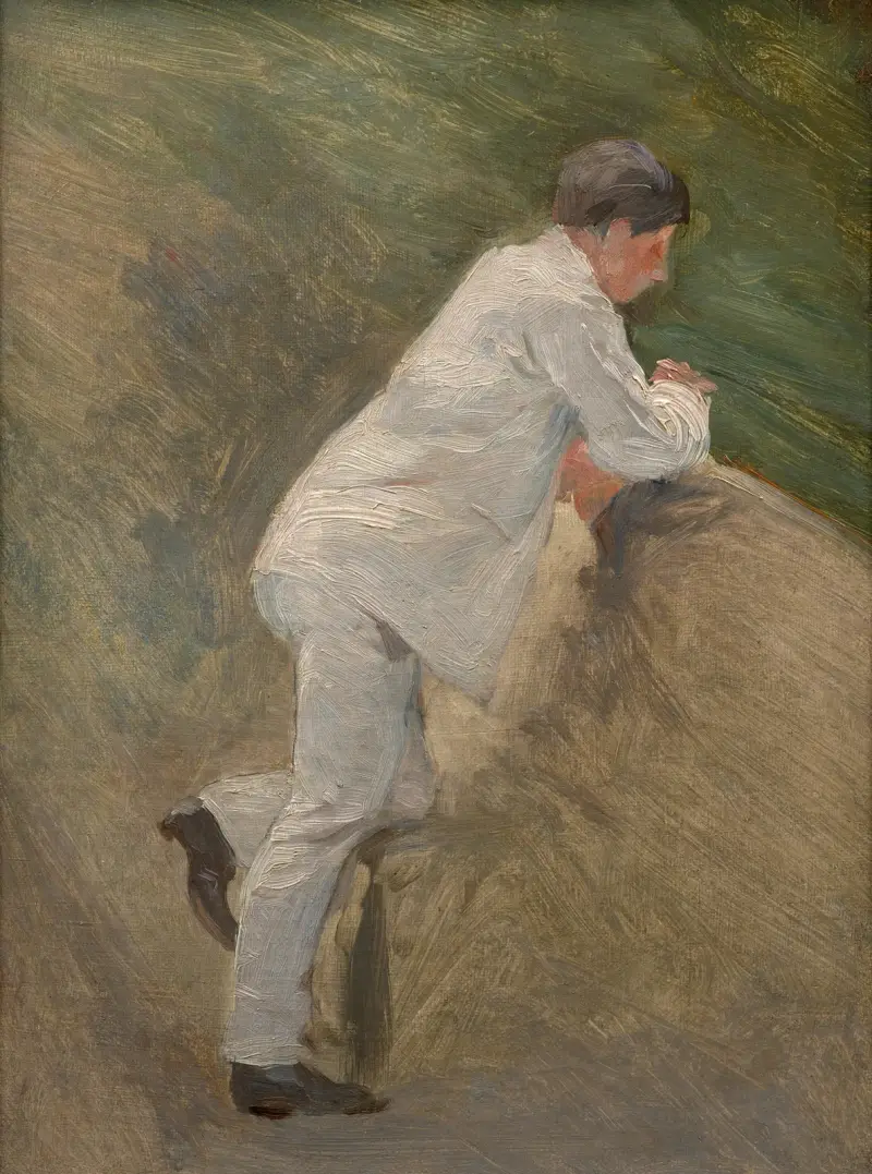Studie av en man i vit kostym till 'En bateau (Sisley och hans fru)' av Marie Bracquemond