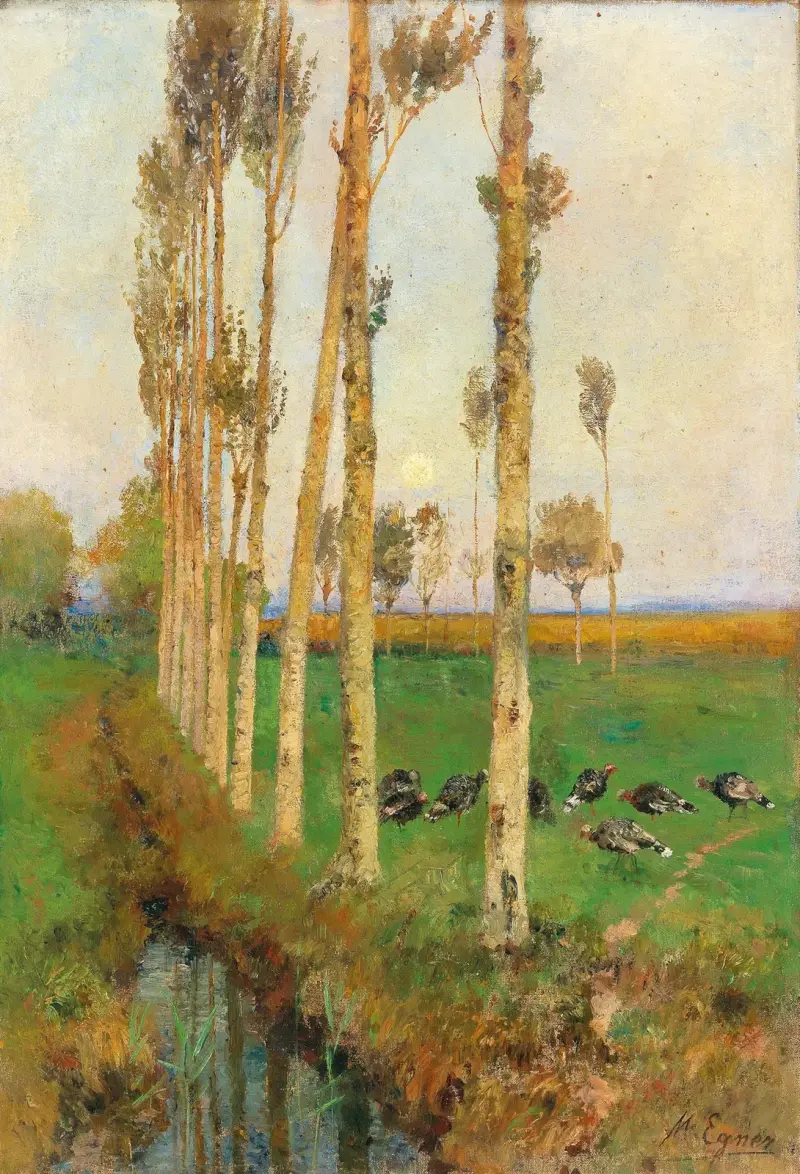 Eine pappelgesäumte Allee mit Truthähnen von Marie Egner