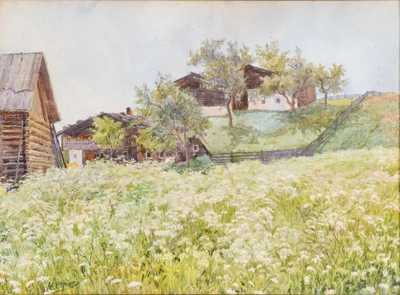 Bauernhäuser, ein weiß blühendes Feld davor von Marie Egner