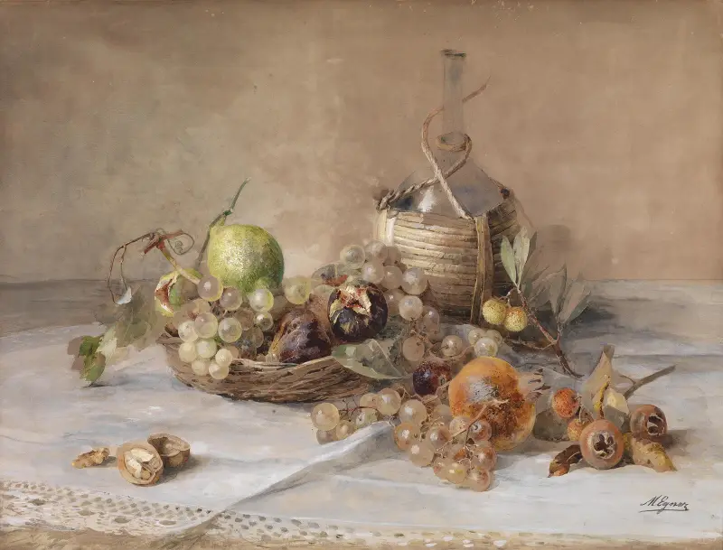 Stilleben mit Obst und Chiantiflasche av Marie Egner
