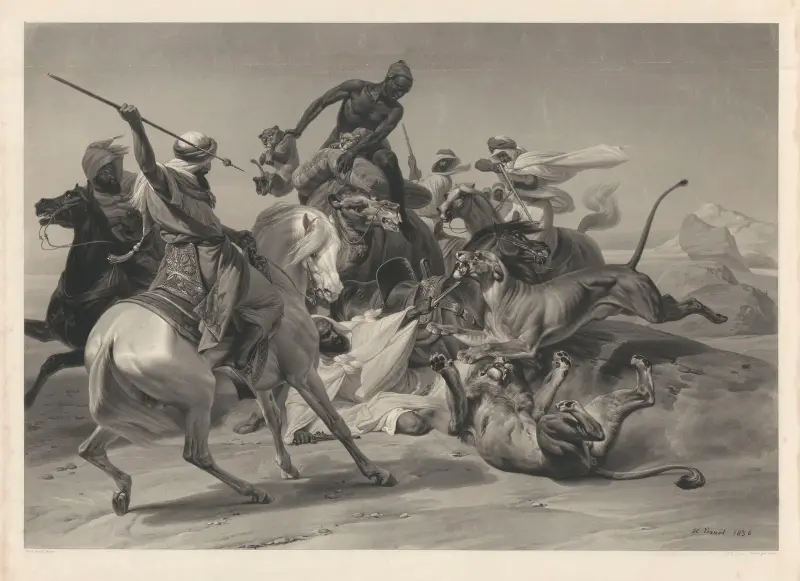 Lejonjakt i Sahara (efter Horace Vernet) av Jean-Pierre-Marie Jazet