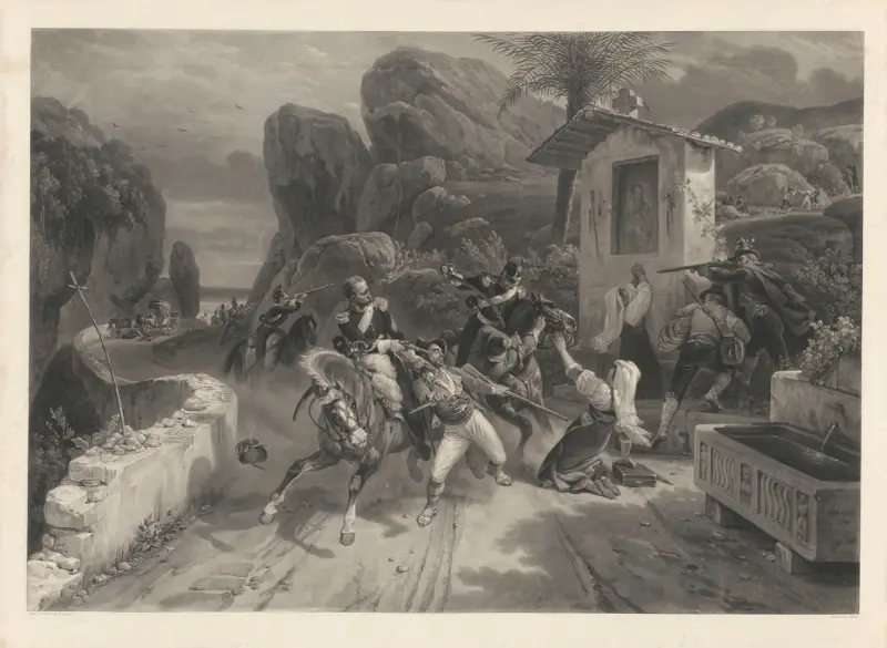 Strid mellan påvens dragoner och banditerna (efter Horace Vernet) av Jean-Pierre-Marie Jazet