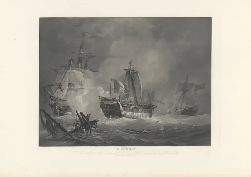 Striden – fartyget Les Droits de l’Homme, 74 kanoner, kommenderat av kapten La Crosse, 13 januari 1797 (efter Morel-Fatio) av Jean-Pierre-Marie Jazet