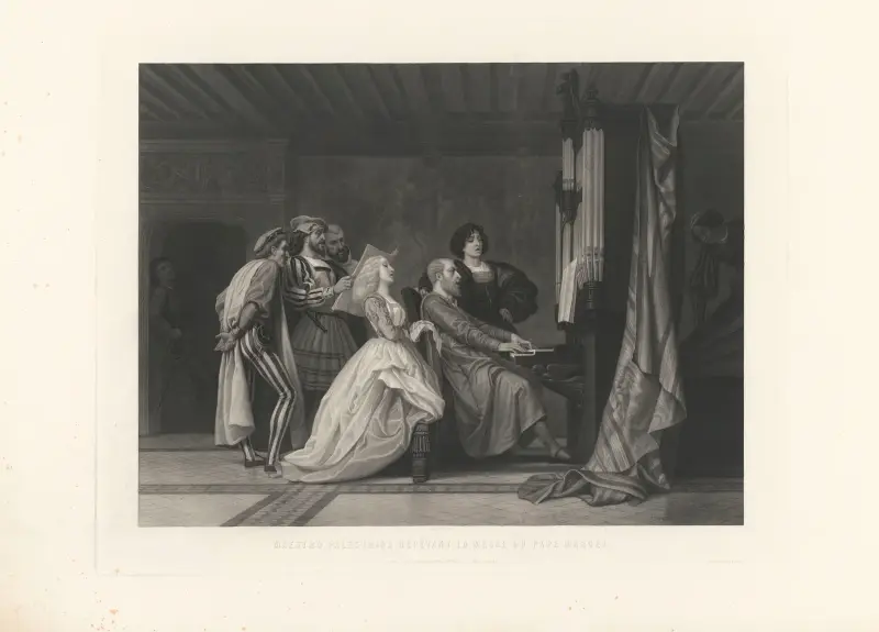 Maestro Palestrina répétant la messe du Pape Marcel (after Gustave Boulanger) av Jean-Pierre-Marie Jazet