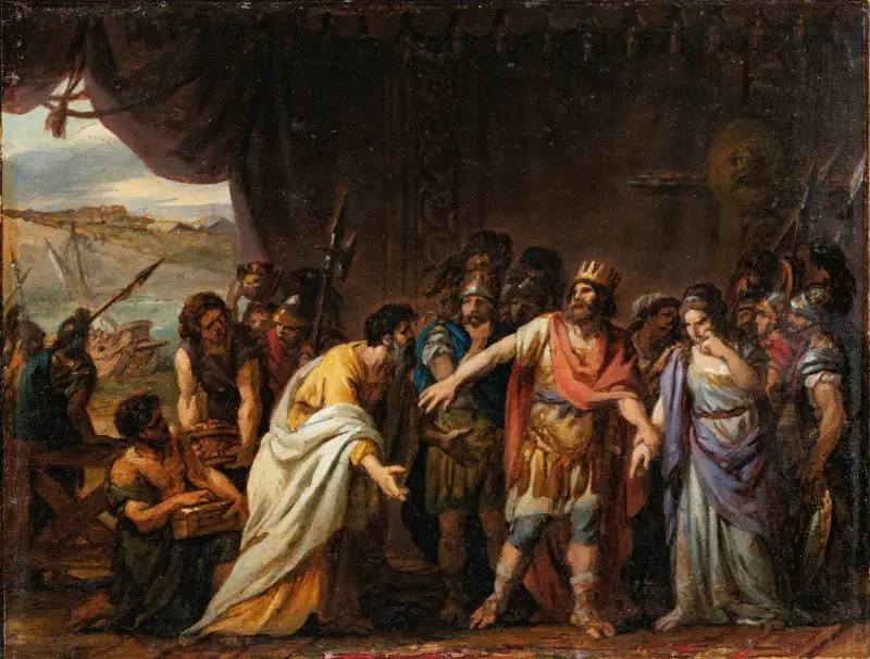 Agamemnon i sitt tält vägrar lämna tillbaka Chryseis till hennes far av Joseph-Marie Vien