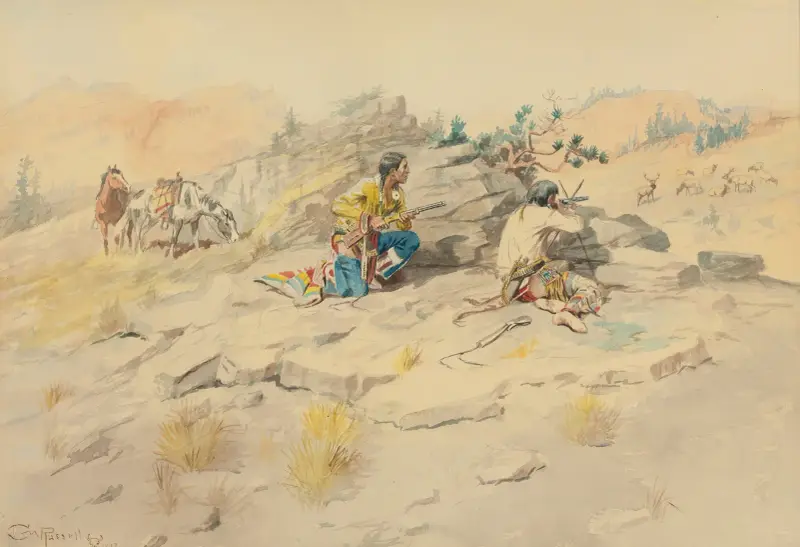 Indiáni stopující losa, Charles Marion Russell