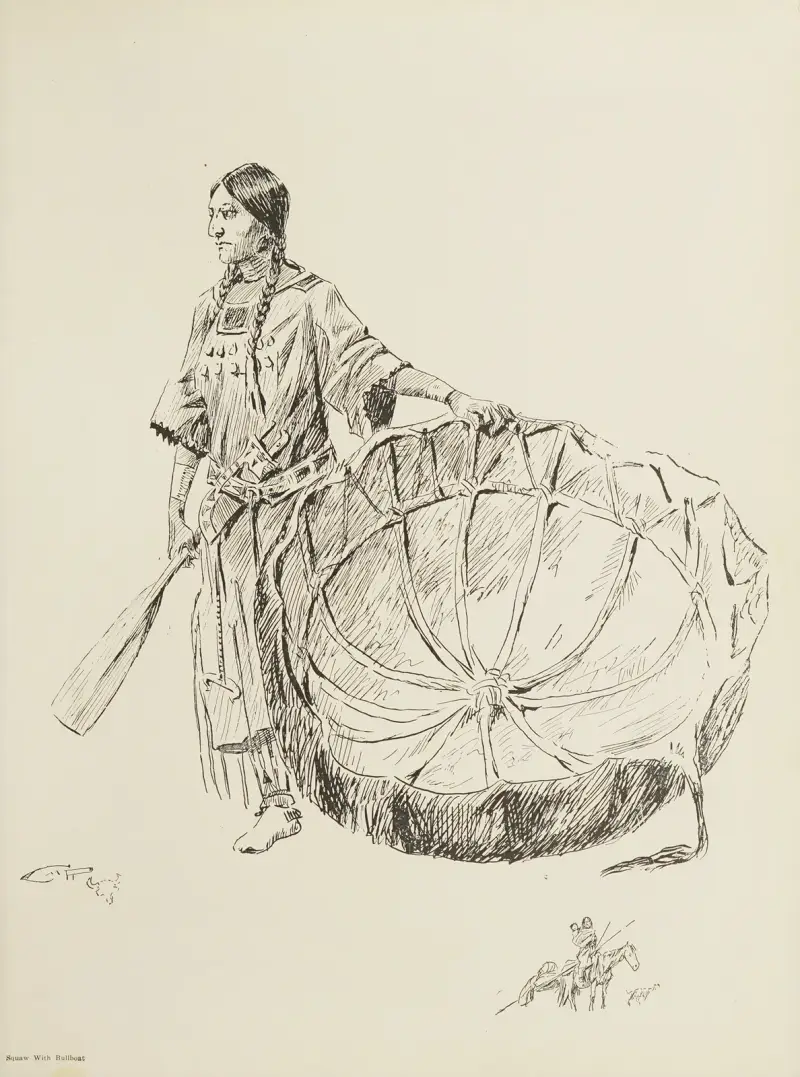 Squaw with Bullboat av Charles Marion Russell