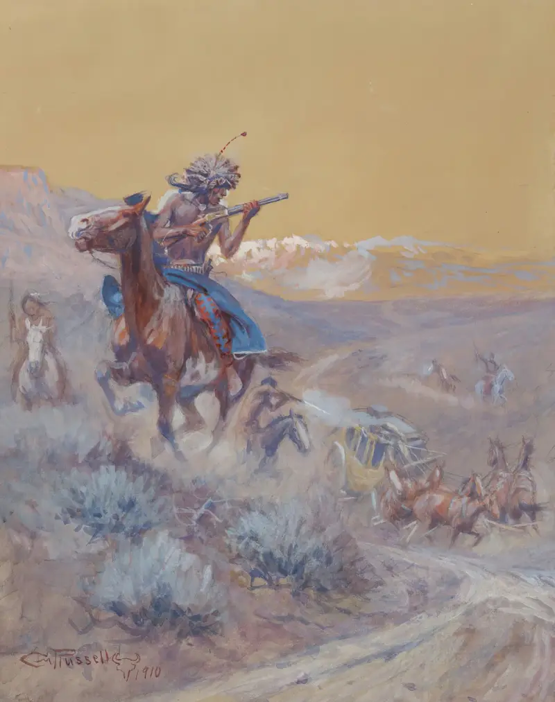 Diligensen framför oss hade anfallits av indianer och bränts (Indianattack) av Charles Marion Russell