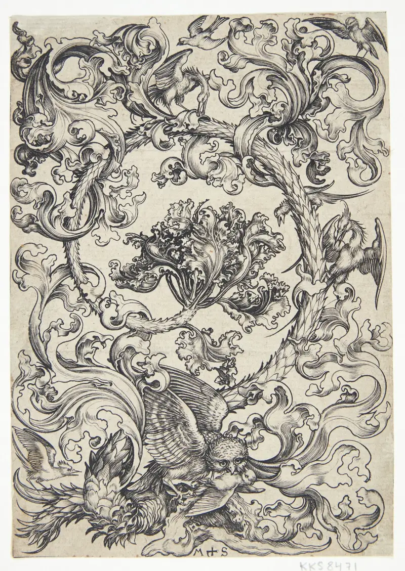 Ornament med fåglar som hånar en uggla av Martin Schongauer