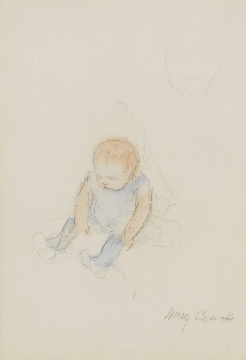 Bebis i blå klänning med rött hår av Mary Cassatt