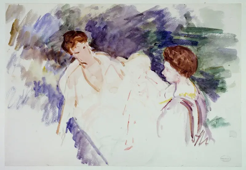 Studie till ”Badet”: två kvinnor och ett barn i en båt av Mary Cassatt