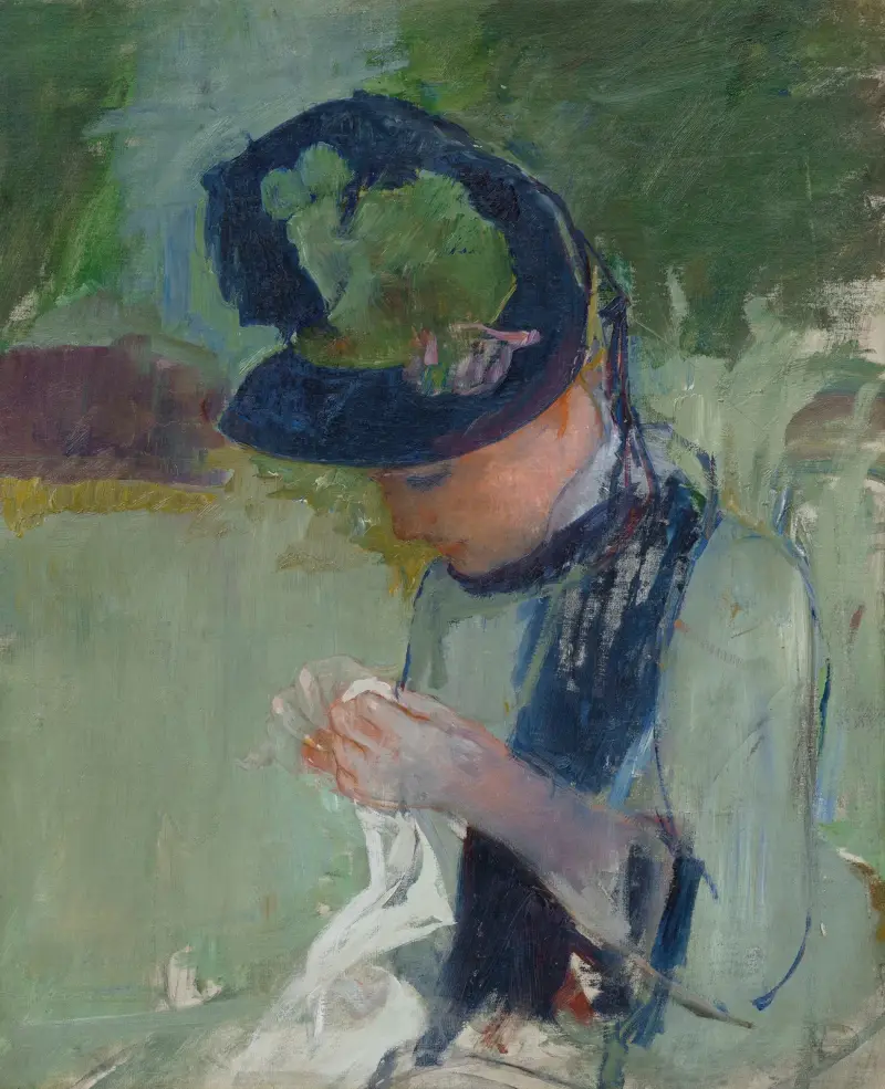 Kvinna med svart och grön mössa, syende av Mary Cassatt