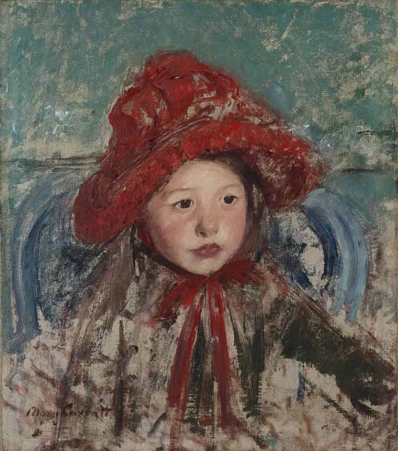 Kleines Mädchen mit großem rotem Hut von Mary Cassatt