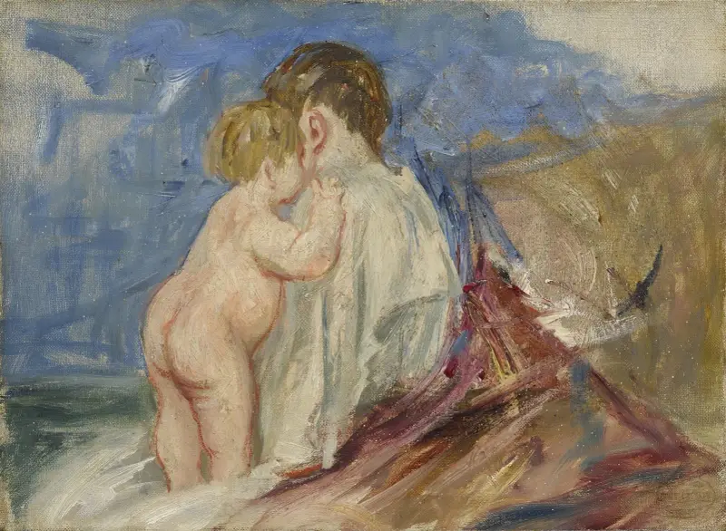 Sitzende Mutter mit stehendem Kind neben sich in einer Landschaft von Mary Cassatt